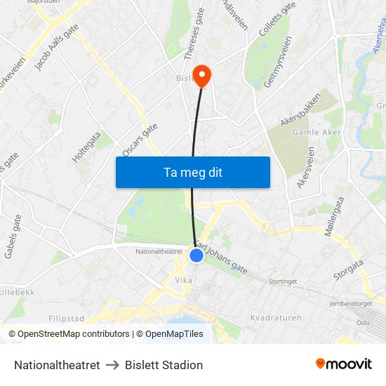 Nationaltheatret to Bislett Stadion map