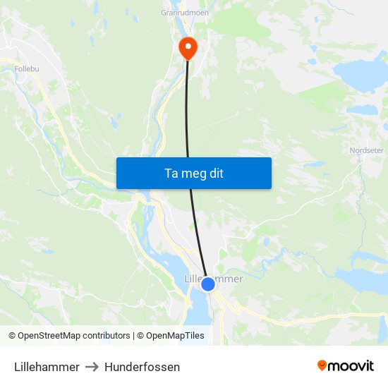 Lillehammer to Hunderfossen map