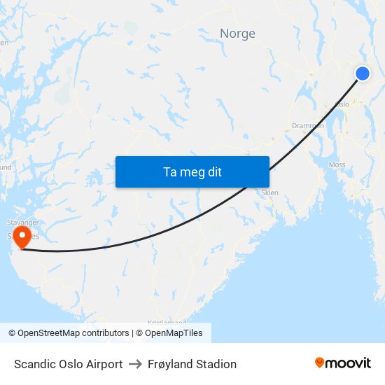 Scandic Oslo Airport to Frøyland Stadion map