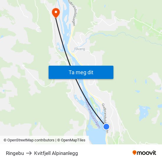Ringebu to Kvitfjell Alpinanlegg map