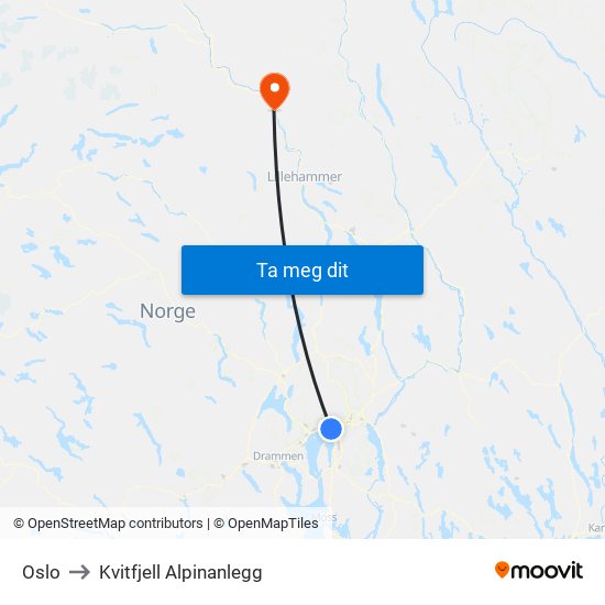 Oslo to Kvitfjell Alpinanlegg map