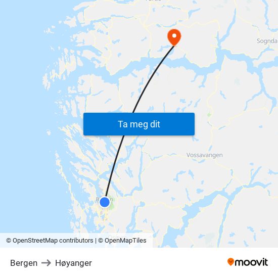 Bergen to Høyanger map