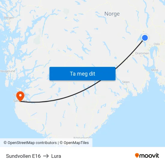 Sundvollen E16 to Lura map