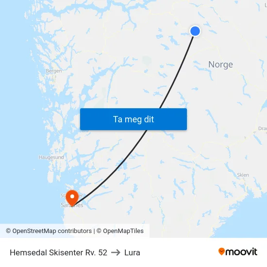Hemsedal Skisenter Rv. 52 to Lura map