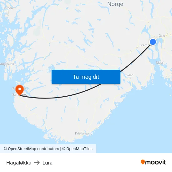 Hagaløkka to Lura map