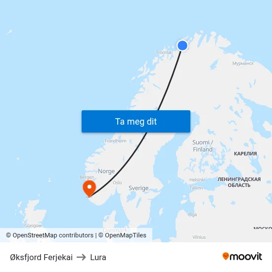 Øksfjord Ferjekai to Lura map