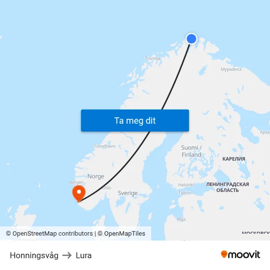 Honningsvåg to Lura map