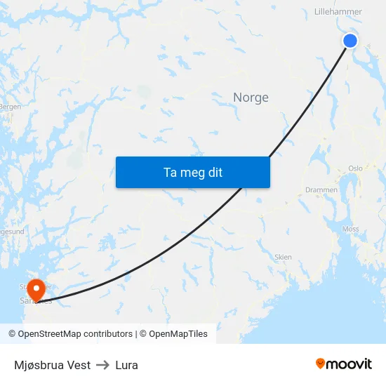 Mjøsbrua Vest to Lura map