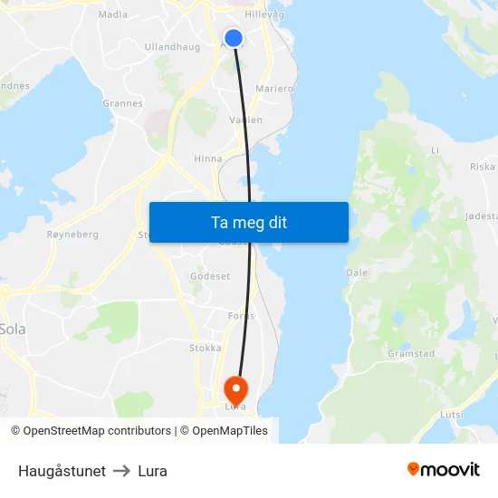 Haugåstunet to Lura map