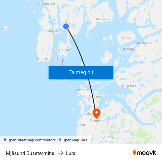 Mjåsund Bussterminal to Lura map