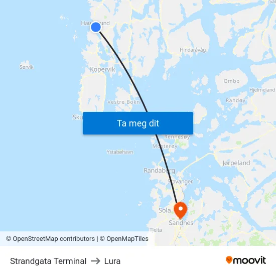 Strandgata Terminal to Lura map