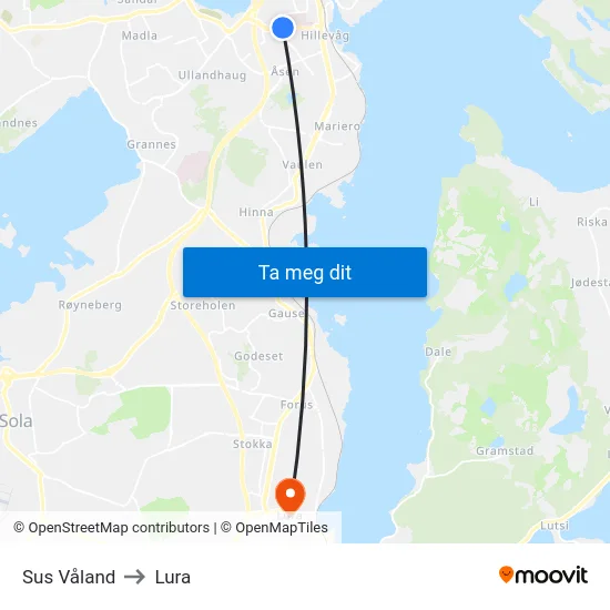 Sus Våland to Lura map