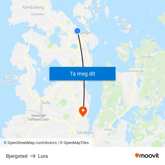 Bjergsted to Lura map