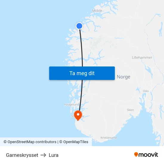 Garneskrysset to Lura map