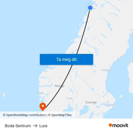 Bodø Sentrum to Lura map