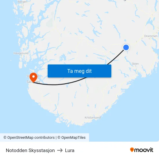 Notodden Skysstasjon to Lura map