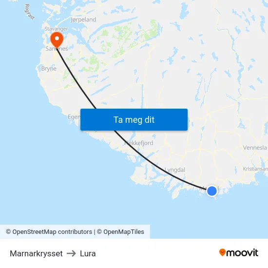 Marnarkrysset to Lura map
