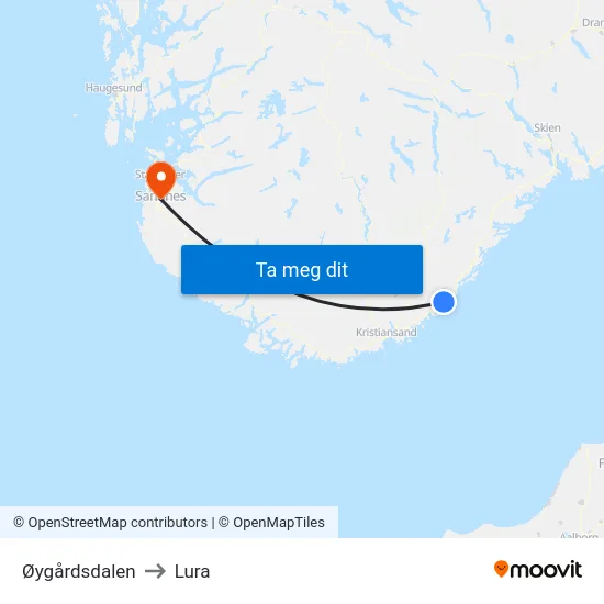 Øygårdsdalen to Lura map