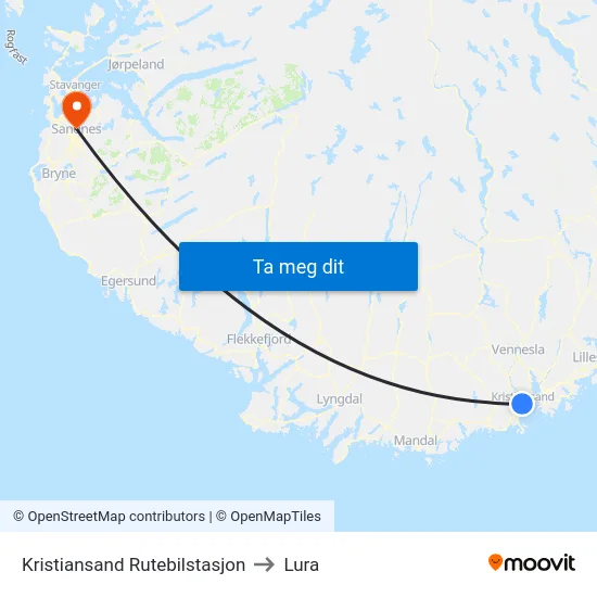 Kristiansand Rutebilstasjon to Lura map
