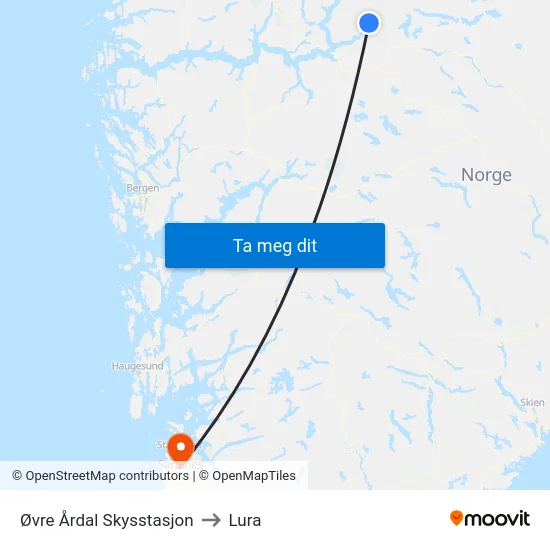 Øvre Årdal Skysstasjon to Lura map
