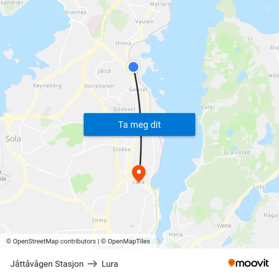 Jåttåvågen Stasjon to Lura map