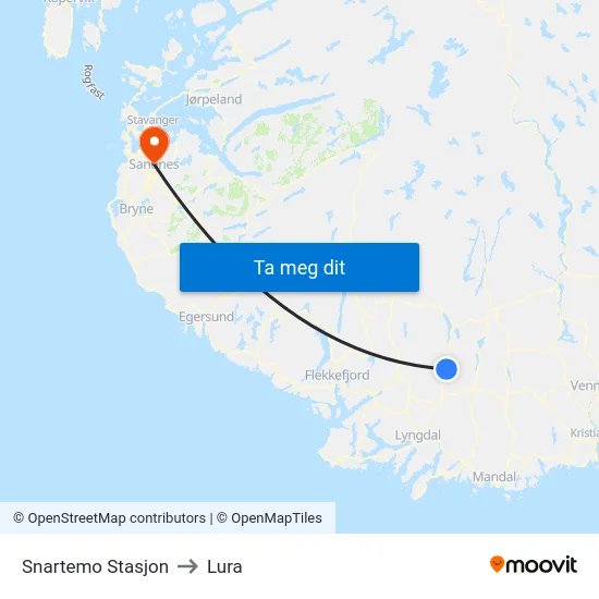 Snartemo Stasjon to Lura map