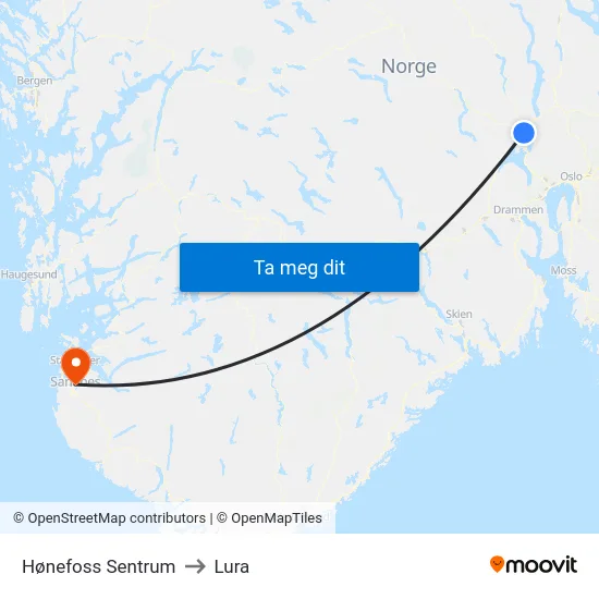 Hønefoss Sentrum to Lura map
