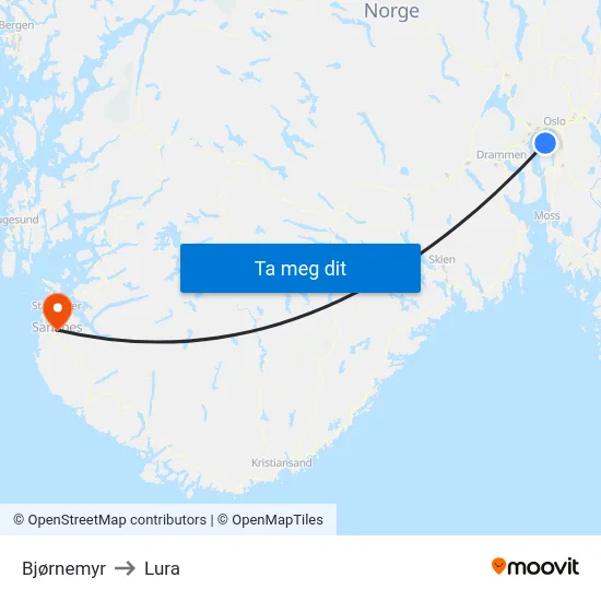 Bjørnemyr to Lura map