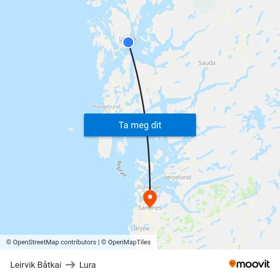 Leirvik Båtkai to Lura map