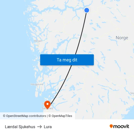Lærdal Sjukehus to Lura map