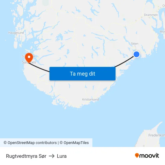 Rugtvedtmyra Sør to Lura map