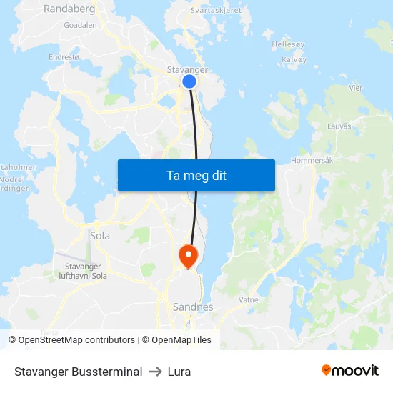Stavanger Bussterminal to Lura map