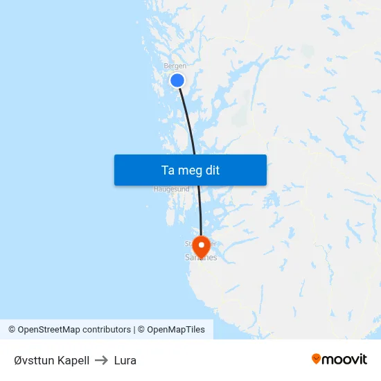 Øvsttun Kapell to Lura map