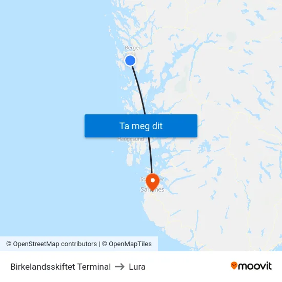 Birkelandsskiftet Terminal to Lura map