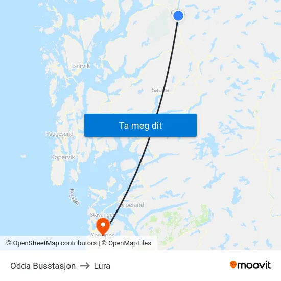Odda Busstasjon to Lura map