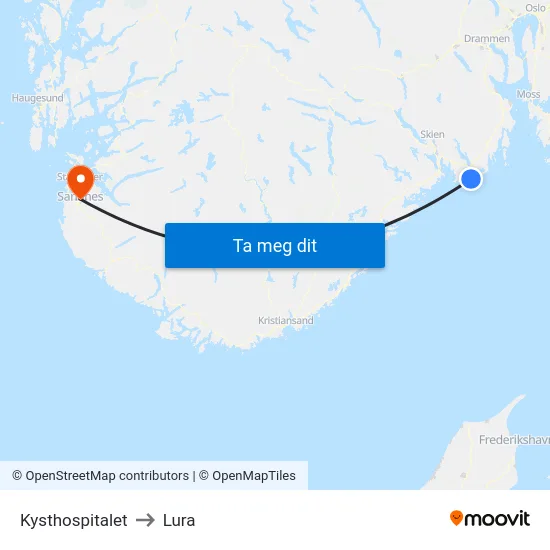 Kysthospitalet to Lura map