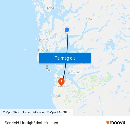 Sandeid Hurtigbåtkai to Lura map