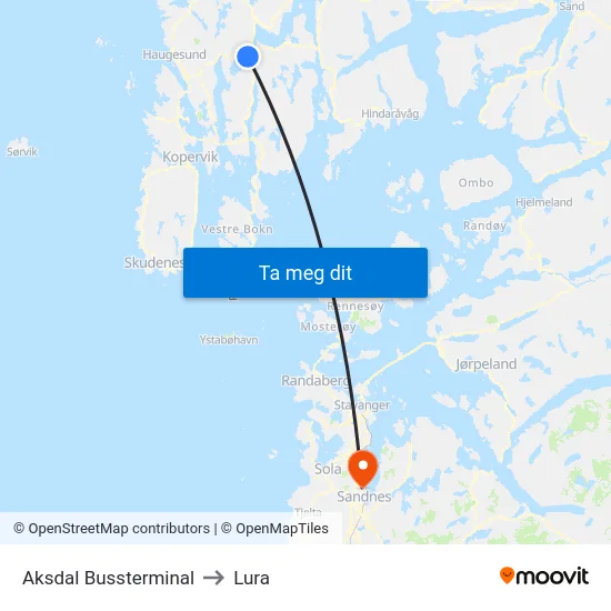 Aksdal Bussterminal to Lura map