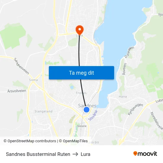 Sandnes Bussterminal Ruten to Lura map