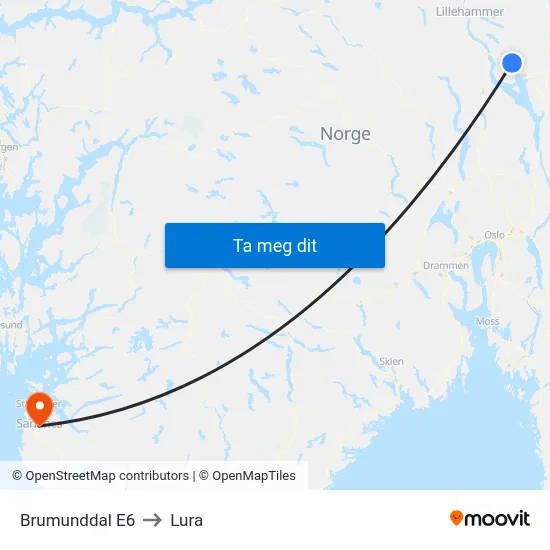 Brumunddal E6 to Lura map