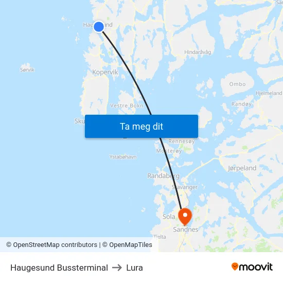 Haugesund Bussterminal to Lura map
