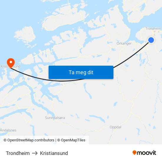 Trondheim to Kristiansund map