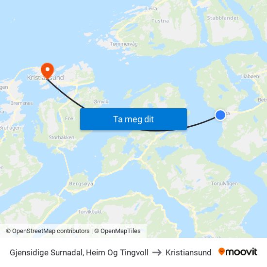 Halsanaustan Kiosk to Kristiansund map