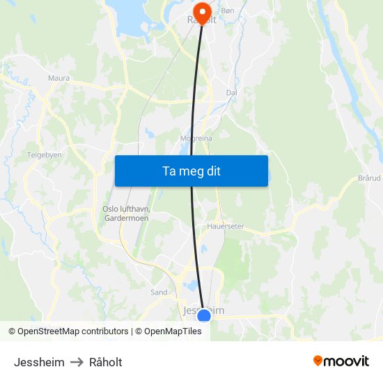 Jessheim to Råholt map