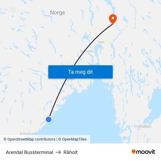 Arendal Bussterminal to Råholt map