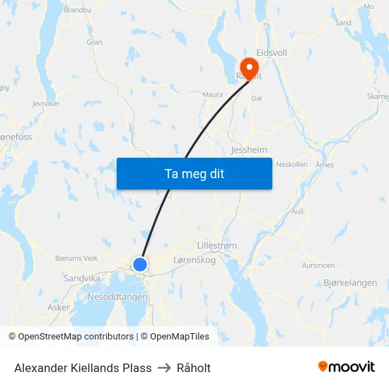 Alexander Kiellands Plass to Råholt map