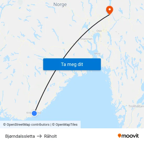 Bjørndalssletta to Råholt map