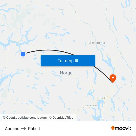 Aurland to Råholt map