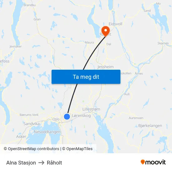 Alna Stasjon to Råholt map