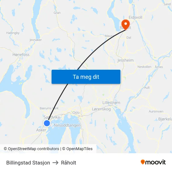 Billingstad Stasjon to Råholt map